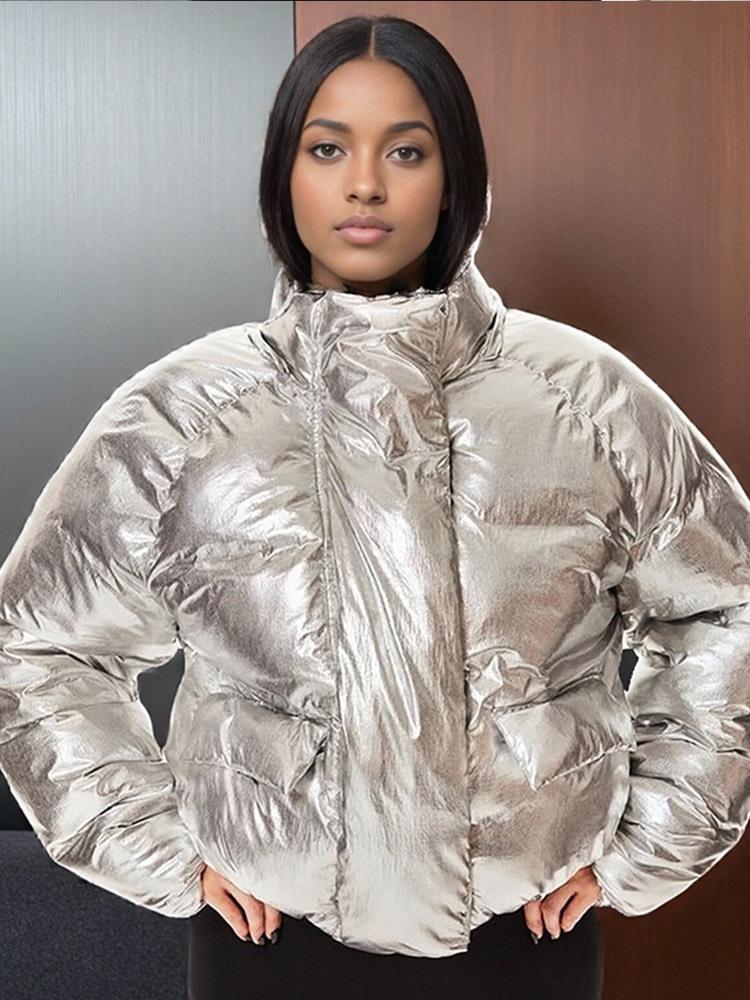 Temperamento de moda encapuchado estilo brillante manga larga abrigo de algodón corto 2025, otoño y invierno nuevo estilo europeo y americano transfronterizo