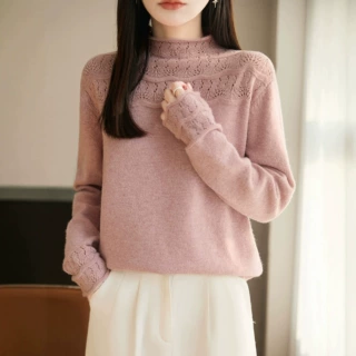 秋冬新款半高领针织衫女纯色百搭时尚宽松毛衣韩版袖口花边打底衫