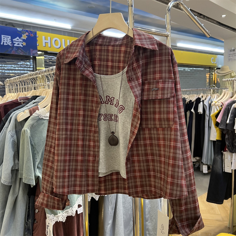 韩系复古美式格子衬衫女2025初秋新款小众字母印花吊带上衣两件套|undefined