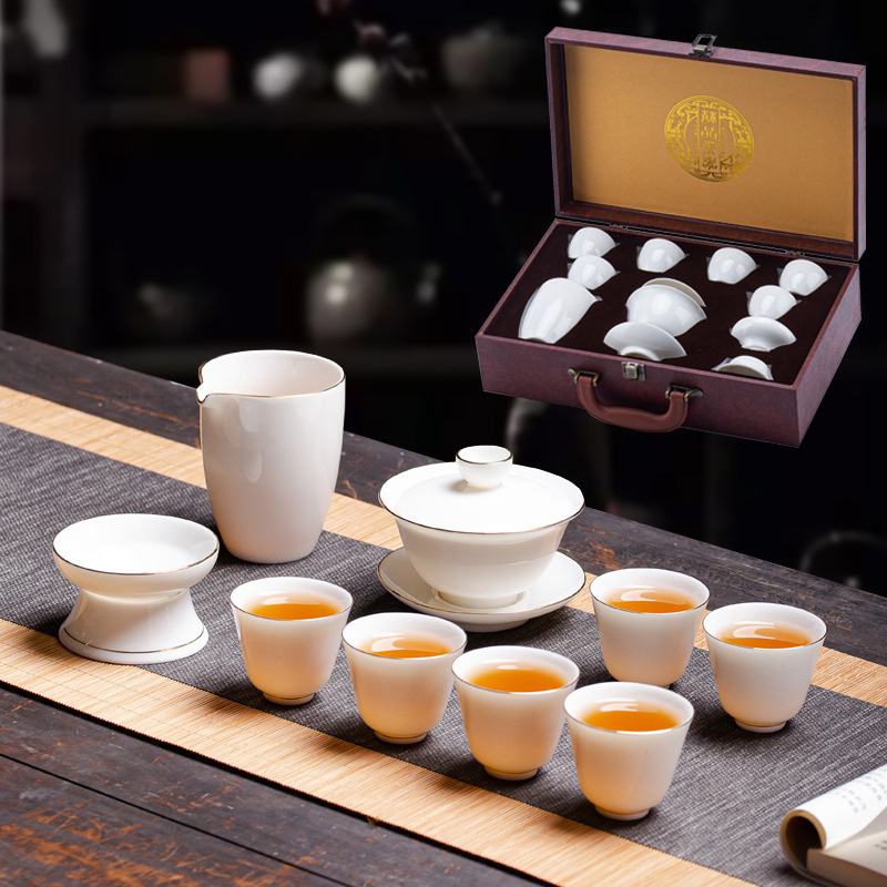 中国白羊脂玉瓷茶具套组陶瓷功夫10头盖碗套装公司开业礼品礼盒