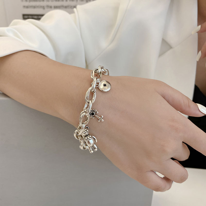 Korean Dongdaemun Thai Silver Retro Cute Bear Key Lock Thick Chain Bracelet Women's 925 Sterling Silver Fashion Jewelry
