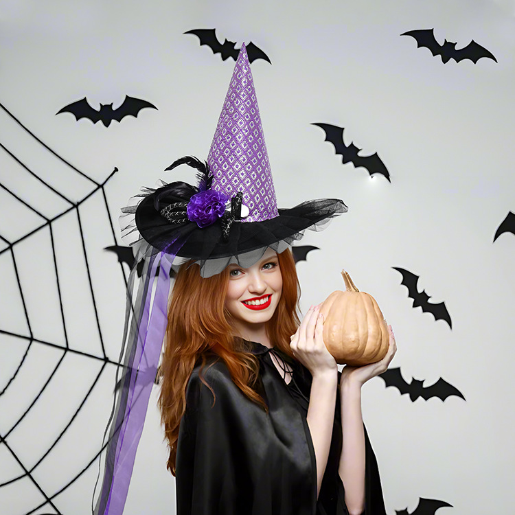 Nuevo sombrero de bruja de Halloween transfronterizo, sombrero de bruja morado negro, mascarada luminosa naranja, vestido de fiesta