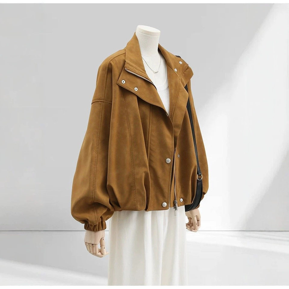 Áo khoác nữ dáng rộng cổ đứng phối lệch phong cách vintage, form suông thoải mái, khóa kéo tiện dụng — Brown Original Vải Nâng cấp