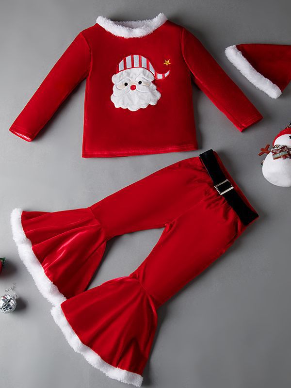Traje de felpa de Navidad para niños pantalones acampanados europeos y americanos primavera y otoño invierno terciopelo dorado elfo de Navidad ropa conjunto de tres piezas
