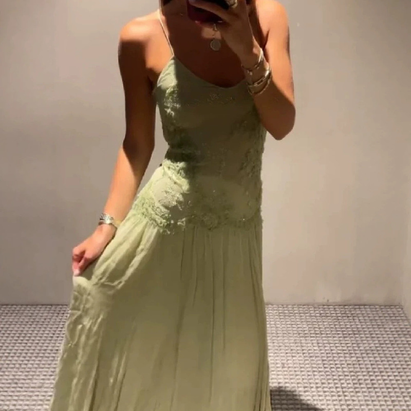 Summer Lace Sequin Embroidered Spaghetti Strap Dress, European and American Style, Waist-Cinching Slimming Long Dress, Popular Foreign Trade Women's Fashion, French Style