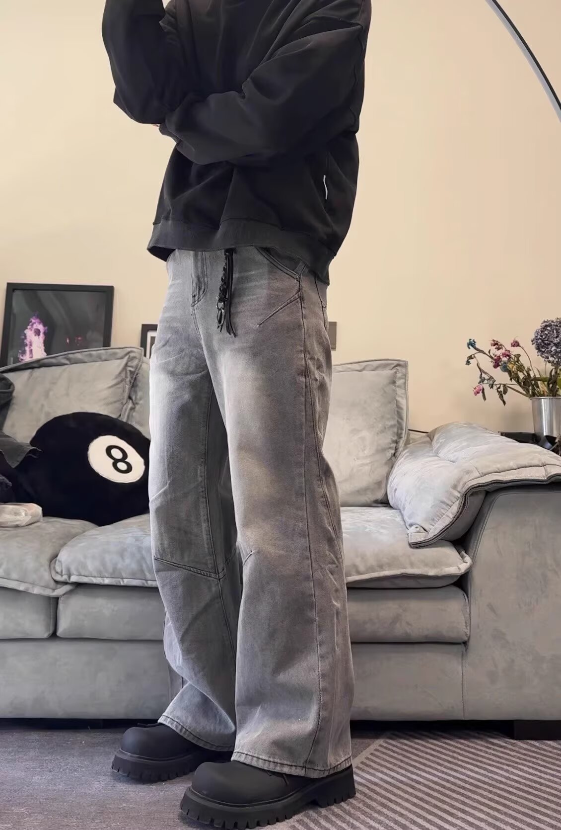 Pantalon en denim droit à jambe large pour homme, style décontracté, polyvalent, ample, délavé et usé_voghion.com