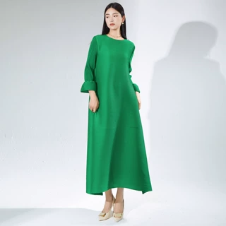 三宅长袖连衣裙女褶皱长裙气质高级感气质款欧美外贸大码女装裙子