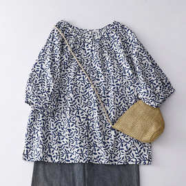 实拍 法式文艺碎花衬衫 百搭纯棉青花瓷印花半袖衬衣女装