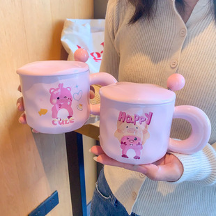 Small Beaver ceramic cup with lid and spoon cute female mug high-looking water Cup household breakfast cup for children