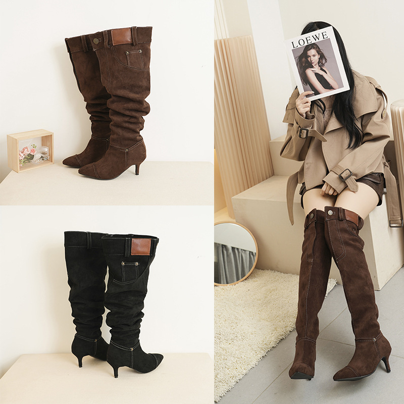 High-Heeled Hot Girl Style Pointed Toe Cowboy Boots Women's Shoes 2025 Autumn and Winter New Pile Boots Stiletto Retro French Single Boots
