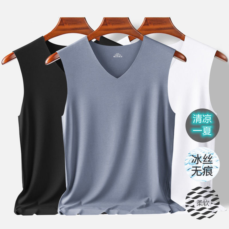 Summer Ice Sense Men's V-neck Vest Non-marking Ice Silk Slim-fit Sports Four Seasons Base Elastic Solid Color Home Pajamas