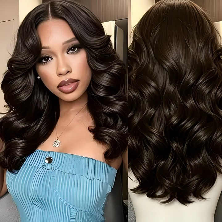 Cross-border bestseller: Fluffy, realistic-looking black medium-parted large wavy medium-long curly hair full wig