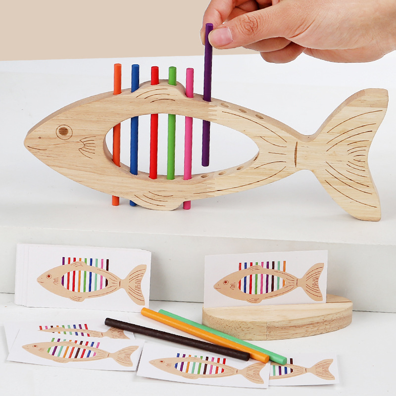 Educación temprana de madera, juego de combinación de colores de peces pequeños, juguetes de entrenamiento cognitivo para niños, interacción entre padres e hijos, juguetes de iluminación para bebés