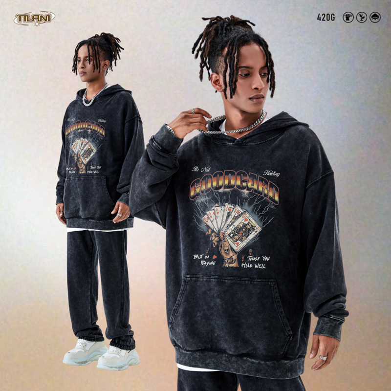 TILANI men's clothing ins high street trendy brand 420G terry cotton retro goodcard one-hand good brand hooded sweatshirt