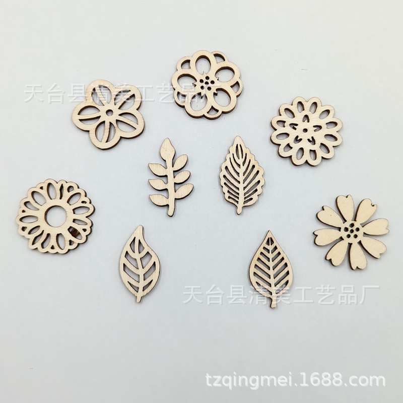 Madera hueco flores/hojas mixtas madera chip láser talla graffiti pintura hecha a mano parche 50 unids/bolsa