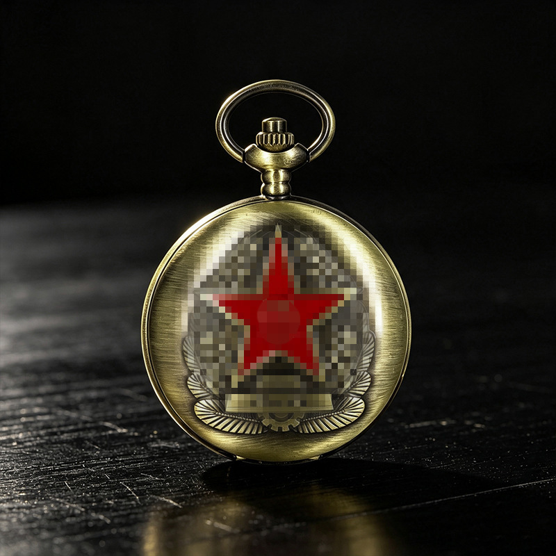 Chinese-style five-pointed star commemorative pocket watch, vintage flip-top quartz pocket watch, creative decorative hanging watch, large-digit quartz watch