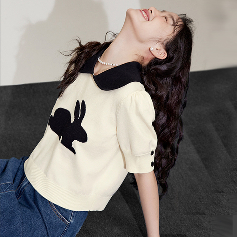 New Fashionable Doll Collar Short-Sleeve Knit Top with Puff Sleeves, Rabbit Design, Short Versatile T-Shirt for Women New Fashionable Doll Collar Short-Sleeve Knit Top with Puff Sleeves, Rabbit Design, Short Versatile T-Shirt for Women