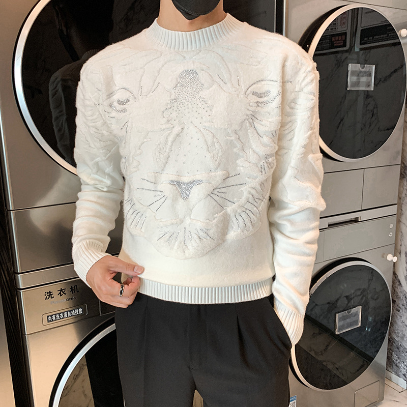 Autumn and Winter Men's Trendy Brand European Tiger Jacquard Long-sleeved Sweater Round Neck Solid Color All-match Knitted Sweater