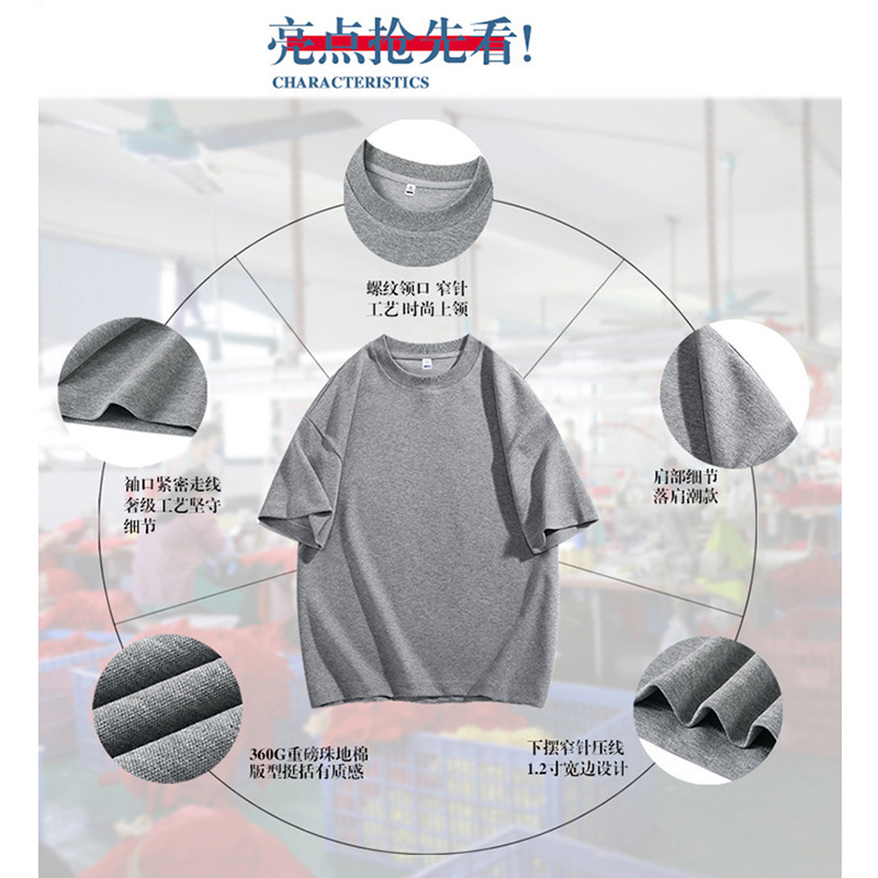 360 gramos de algodón pesado de perlas de cuello redondo marca de marea camiseta de manga corta hombro caída camiseta corporativa suelta grupo de cuello redondo personalizada