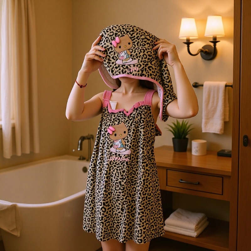 Shuangli Genuine Bath Skirt Leopard Print Kt Cat New Absorbent Shower Cap Hand Towel Bath Towel Women's Bathrobe Towel