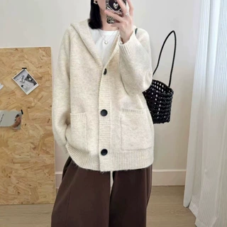 韩系慵懒风连帽外搭毛衣外套女2026秋冬新款宽松软糯女装针织开衫