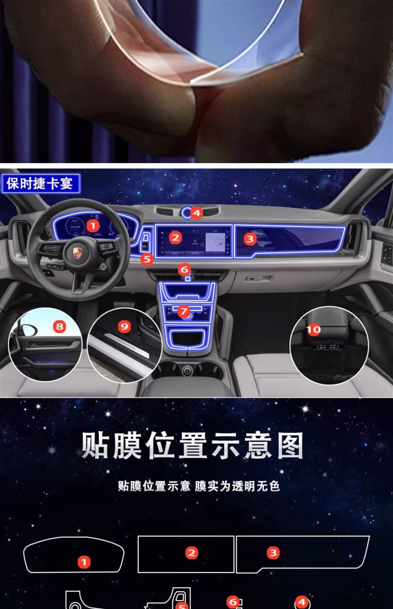 Suitable for 23-25 Models of Porsche Cayenne/718 Interior Film, Navigation Screen Film, Gear Shift Center Console Film Modification