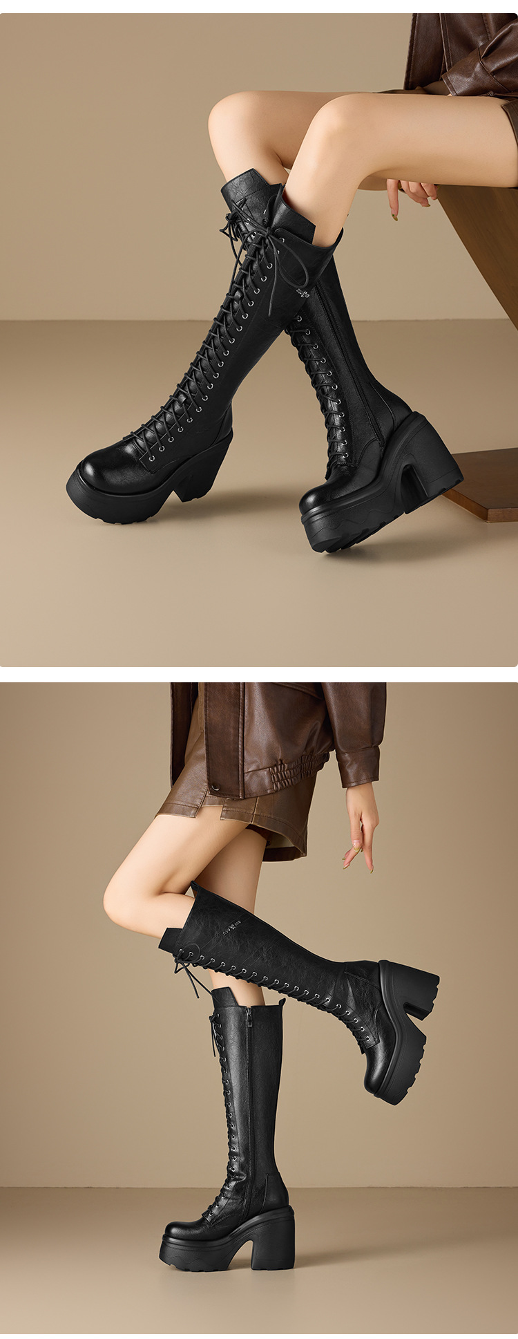 Boot nữ cổ cao ôm bắp chân, gót 12 cm, phong cách Anh, da thật, buộc dây, đế dày — nhung nâu chi tiết 6