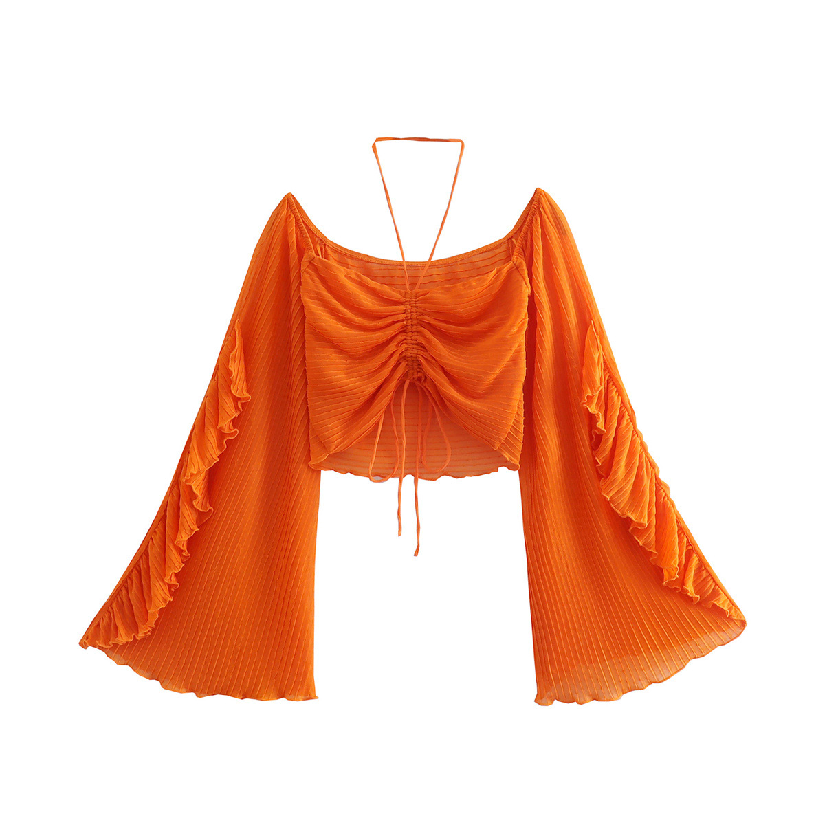 hanging neck backless drawstring Flared sleeves solid color top NSAM131286