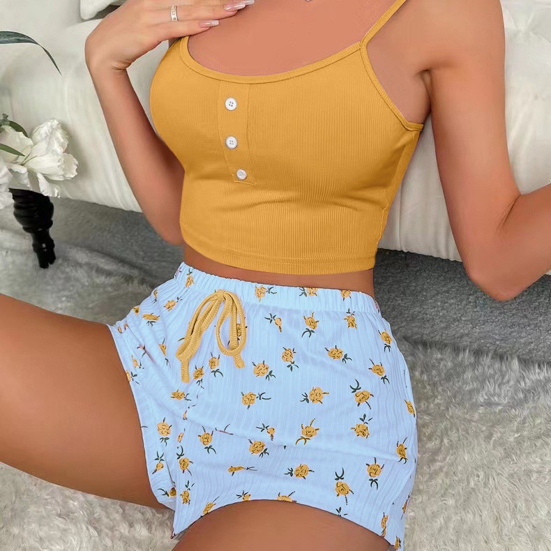 Cross-Border European and American Women's Underwear Pajamas Set Home Clothes Camisole Tops Shorts Printed Shorts Pajamas Women's Models