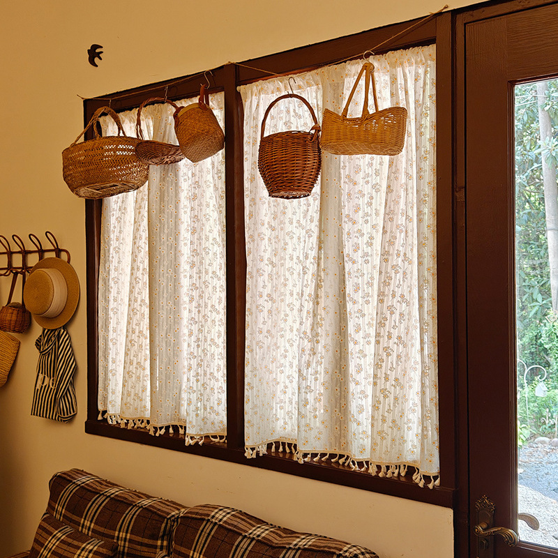 Japanese-Style Cotton Daisy Tassel Curtain Kitchen Rod Japanese Short Curtain Floating Window Coffee Half Curtain