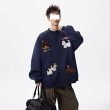 卡通小狗毛巾绣圆领开衫卫衣男春秋新款小众设计感慵懒风宽松外套