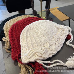川西旅游度假民族风手工勾花护耳帽子女秋冬大头围流苏包头毛线帽