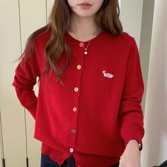 韩系秋冬新款100羊毛开衫胖MM大码狗狗刺绣外套上衣时尚毛衣女