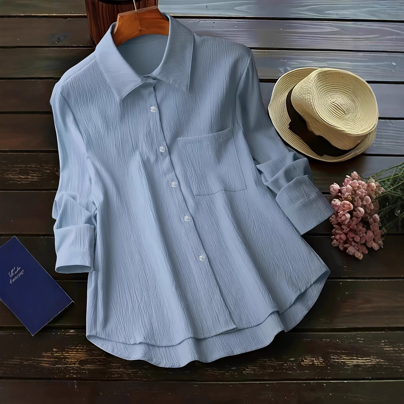 2025 European and American Amazon Elegant Long-Sleeved Simple Button Front Pure Color Shirt Women's Tops