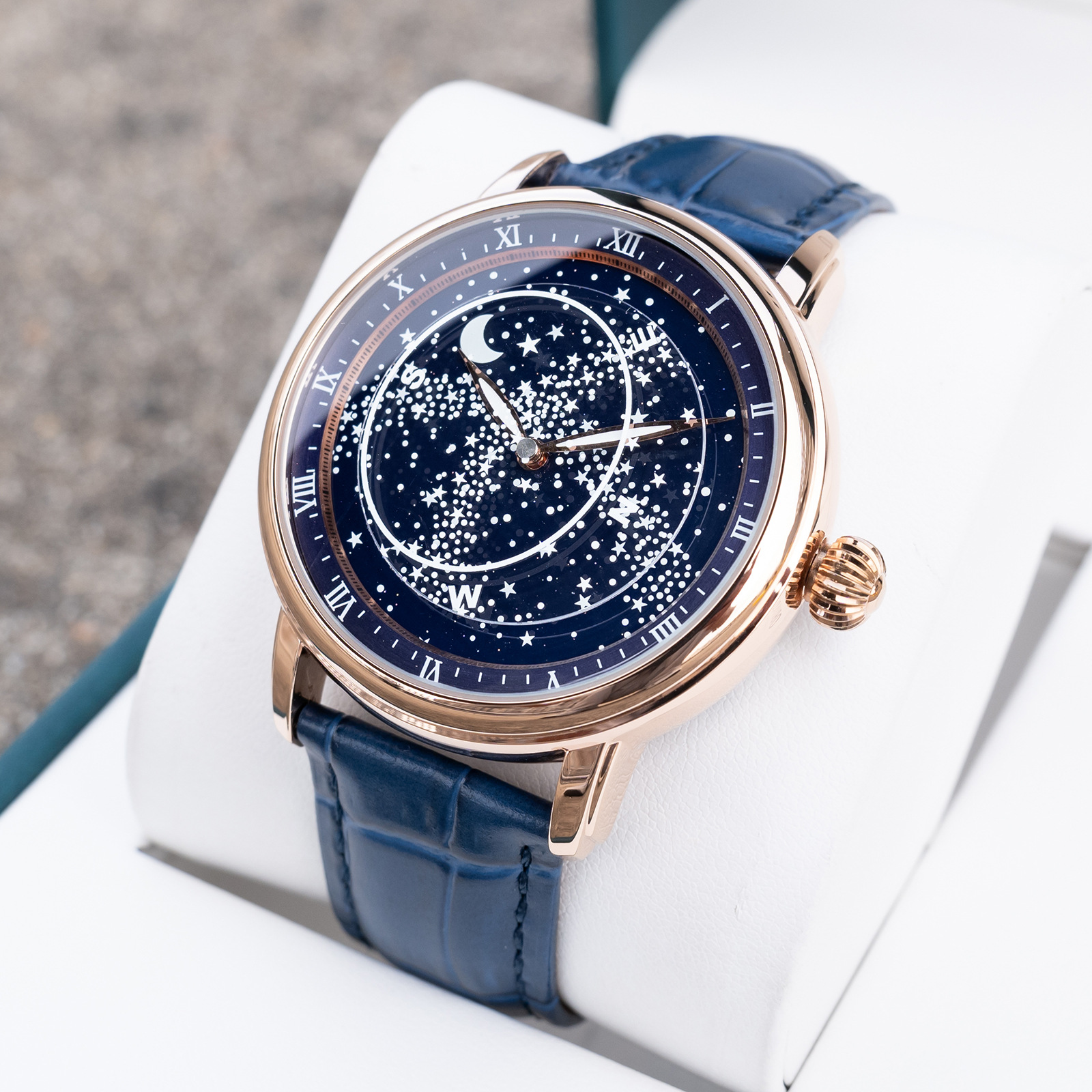 Starry Sky Mechanical Watch Men's Fully Automatic Rose Gold Belt Watch Fashion Business Sun Moon Star Design