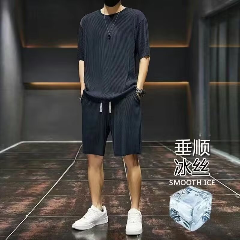 Camisas, menos ropa, ropa deportiva a rayas de seda de hielo, pantalones cortos de manga corta sueltos de gran tamaño de verano para hombres, ropa casual