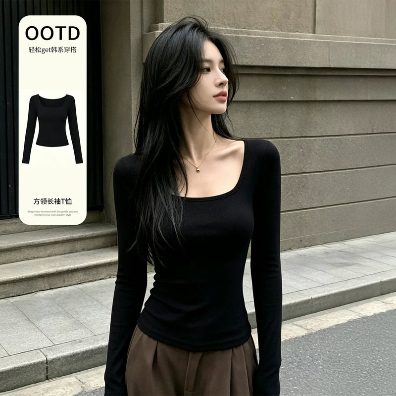 Black, regular-fit, long-sleeved, U-neck top, slimming T-shirt for women, 2026 new collection, suitable for spring, autumn, and winter, designed to be worn as an inner layer Black, regular-fit, long-sleeved, U-neck top, slimming T-shirt for women, 2026 new collection, suitable for spring, autumn, and winter, designed to be worn as an inner layer