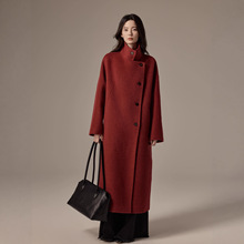 2025秋冬新款中长款立领羊毛呢外套高级感红色双面羊绒大衣女气质