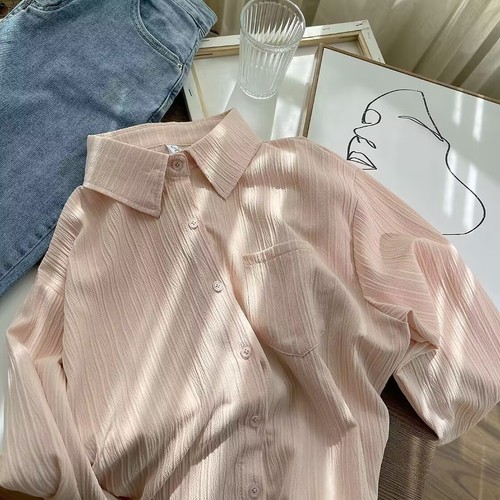 韩系设计纹理感净版长袖衬衫女春秋新款清新宽松防晒衣百搭上衣