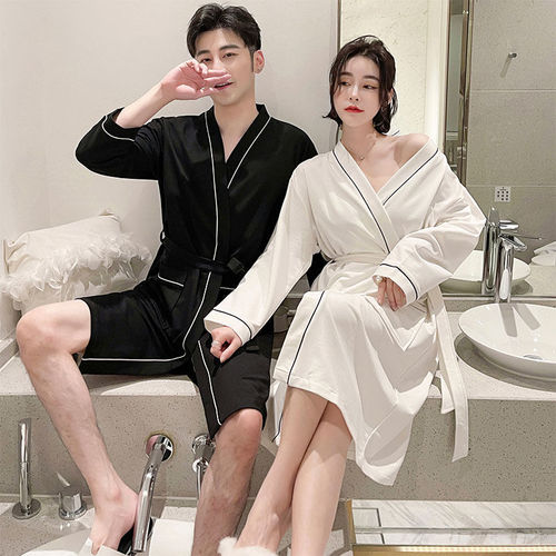 Spring and Autumn Couple's Long Sleeve Pure Cotton Simple Solid Color Teenage Comfortable Loose Men's Medium Length Pajamas