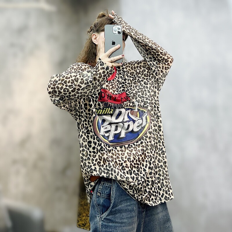 European-Style Leopard Print Mesh Long-Sleeve T-Shirt for Women, Sun-Protective Top, Loose Oversized 2026 Personality Color-Blocking Pullover T-Shirt Trendy European-Style Leopard Print Mesh Long-Sleeve T-Shirt for Women, Sun-Protective Top, Loose Oversized 2026 Personality Color-Blocking Pullover T-Shirt Trendy