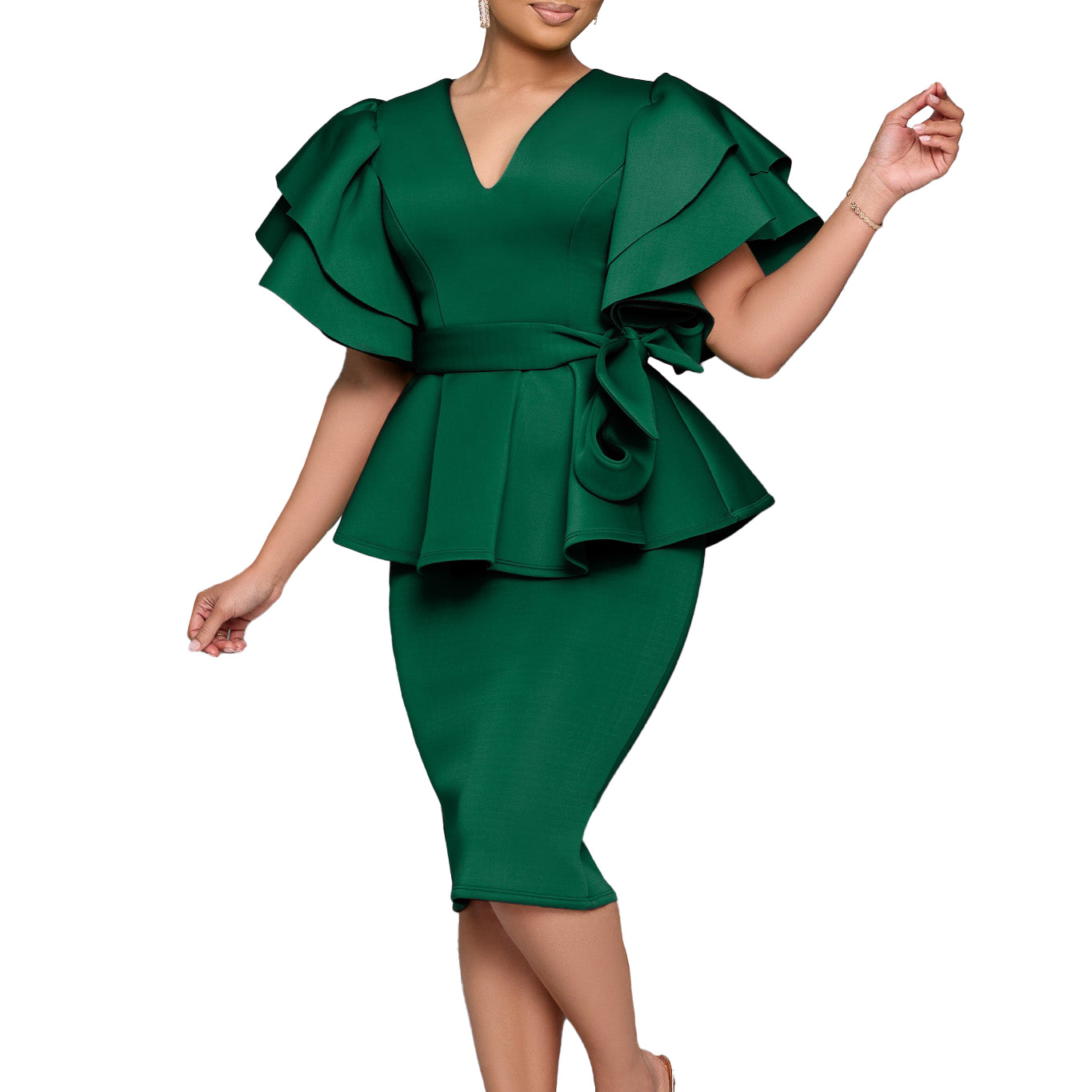D3314 's New Stylish And Elegant Ruffled Solid Color Bodycon Party African Dress_voghion.com
