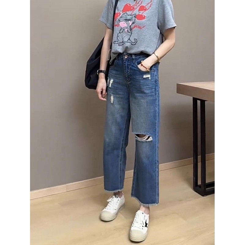 时尚磨破八分直筒牛仔裤女夏季新款时尚百搭显瘦毛边阔腿直筒牛仔|undefined