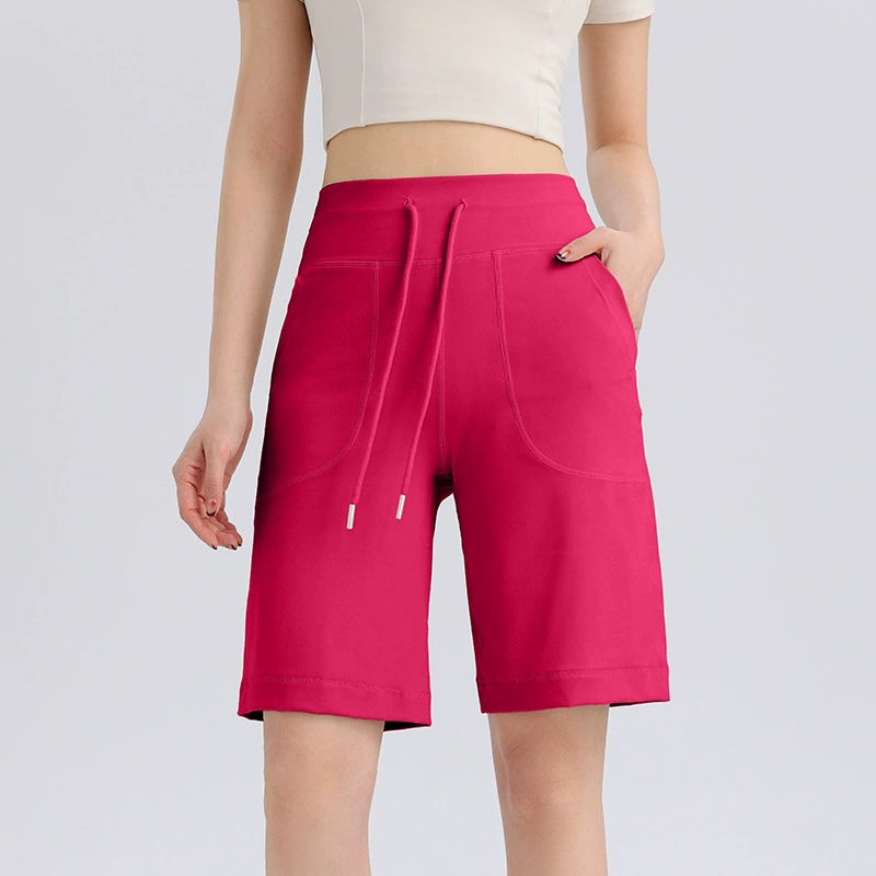 Спортивные шорты с высокой талией и уменьшением живота, женские летние штаны для бега и фитнеса с двойным карманом, Свободные Повседневные Дышащие шорты для йоги