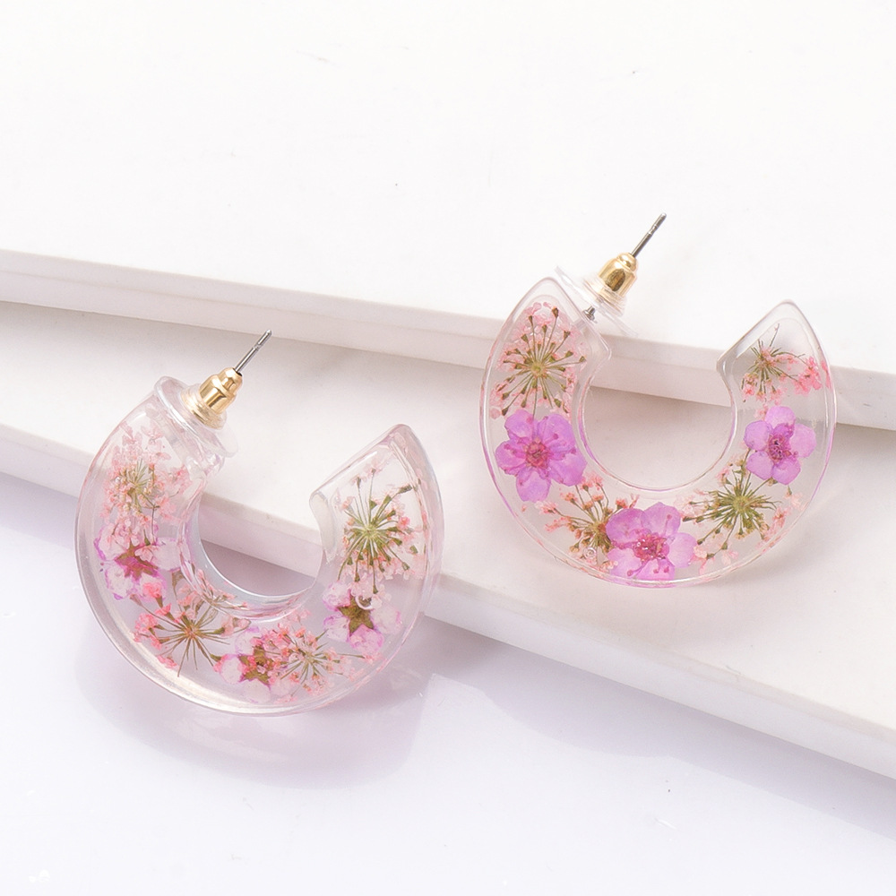 Boucles D&#39;oreilles En Forme De C En Forme De Fleur En Résine Transparente display picture 2