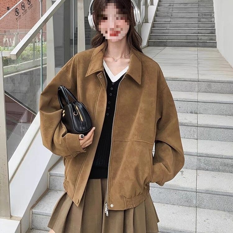 咖色美拉德麂皮绒外套女2025秋季新款小个子美式复古拉链翻领夹克|undefined