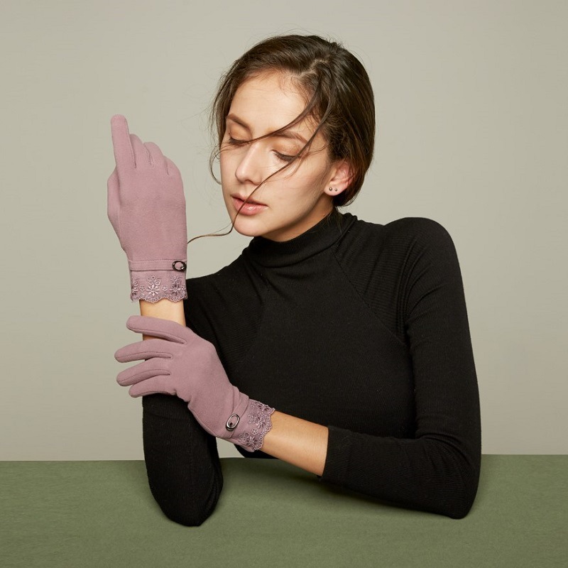 厂家直销薄手套女春秋季甜美蕾丝弹力绒韩版分指触屏手套秋冬手套