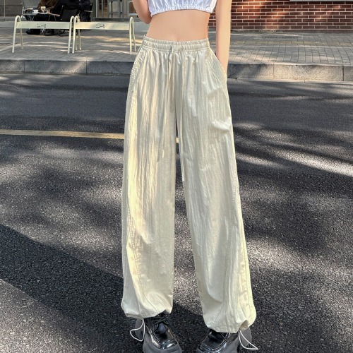美式速干工装裤女夏季薄款藏青色肌理感宽松阔腿运动裤垂坠感长裤|undefined