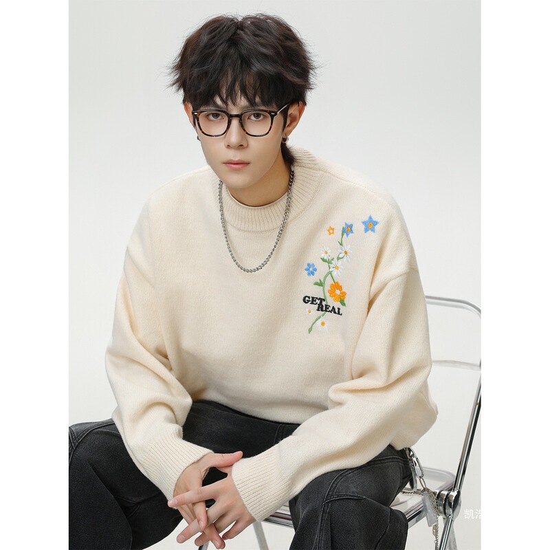 Textured Floral Embroidery Sweater, New Autumn and Winter Japanese Style Loose Pullover Knitwear, Thickened Warm Sweater Jacket