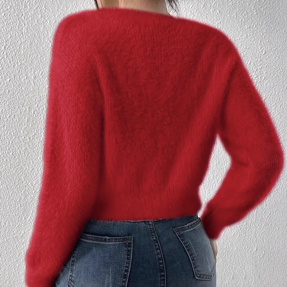 Oversized V-Neck Faux Mink Cardigan – Plush Acrylic Blend With Ribbed Cuffs (S-XL, Winter Pink/Red, Boho Streetwear Essential)_ecoleips.com